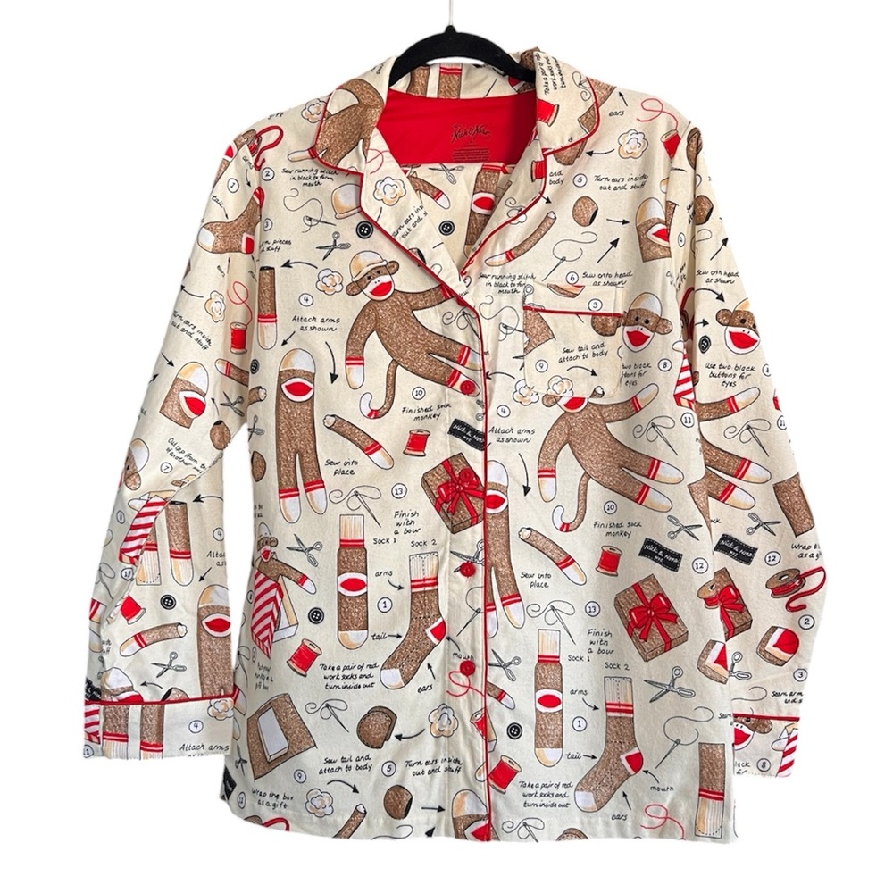 ** ENDS TOMORROW ** Nick & Nora Cream Sock Monkey Print Pajama Top with Red Trim